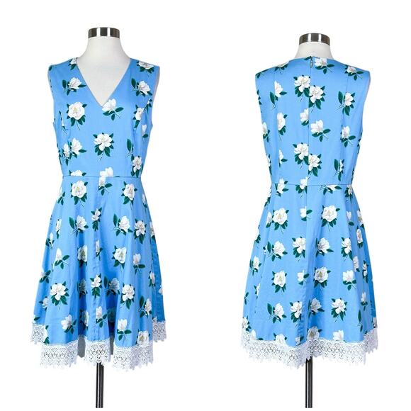 Draper James | Magnolia Love Blue Floral Fit Flare Lace Hem Preppy Dress 8 EUC - Picture 1 of 10